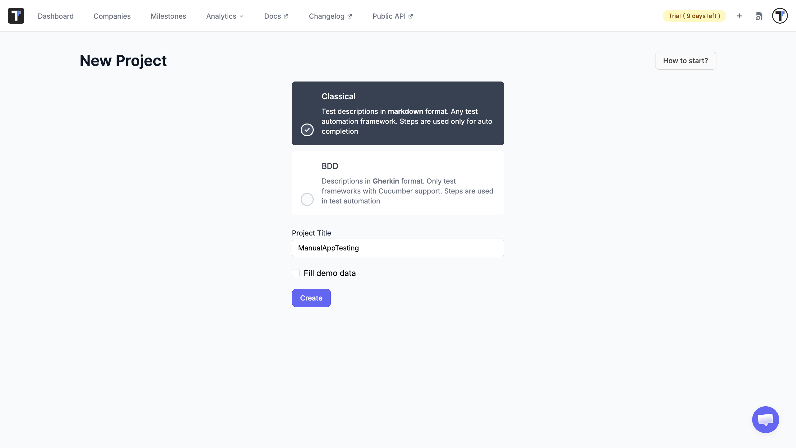 Create Project dialog
