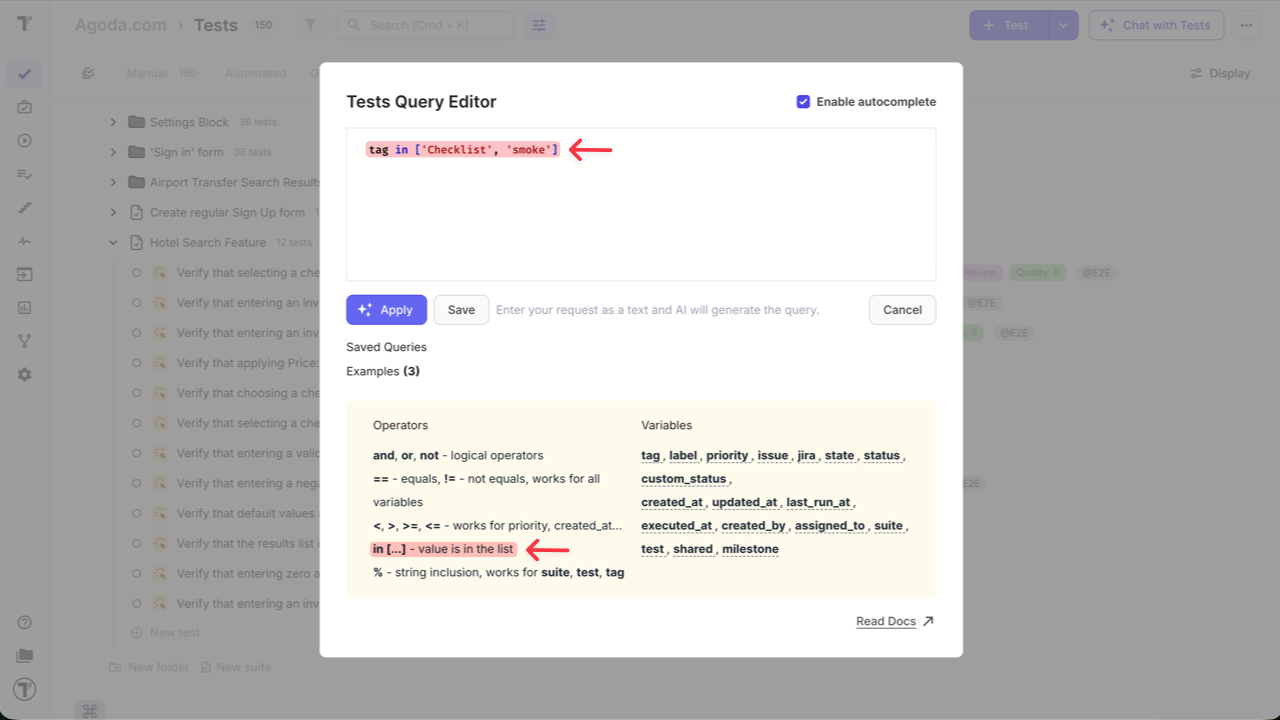 Testomat.io - TQL Multiple values